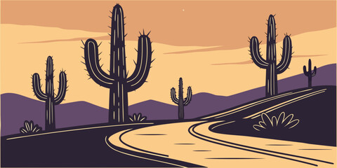 A serene desert landscape with tall cacti and a clear sky at sunset. Vector © MST CHIN BANU BEGUM