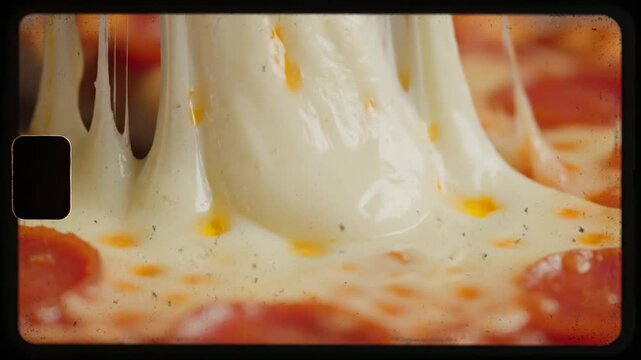 Close Up of Hot Pepperoni Pizza Melting Mozzarella Cheese Stretching in Overhead Shot
