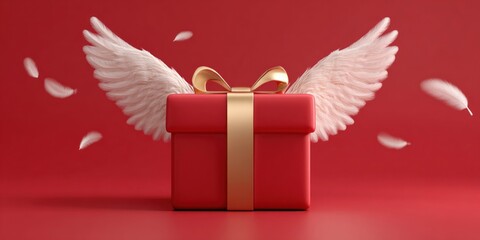 Naklejka premium Red gift box with golden ribbon and angel wings, floating feathers on red background