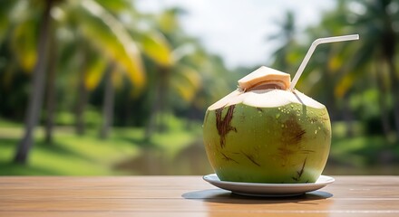 Exotic Coconut Drink on Wooden Table in Tropics