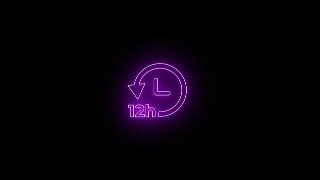 glowing neon twenty four hour time indicator semicircle progress with clock hands ui animation.