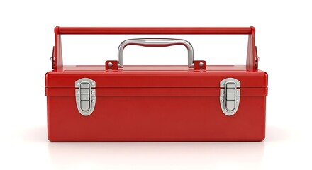 Red metal toolbox with handle isolated on white background with shadow. AI GENERATED.