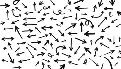 Collection of black arrows pointing in various directions on white background