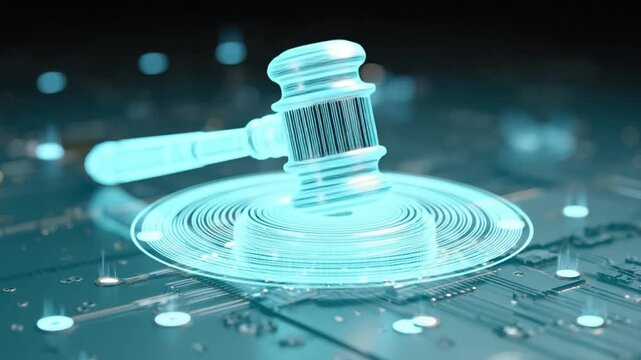 Digital Justice: A futuristic gavel glows with ethereal blue light, symbolizing digital law and virtual justice in a technologically advanced courtroom setting.