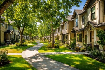 Naklejka premium A winding concrete walkway leads through a lush green lawn between modern suburban townhouses under the shade of large leafy trees on a sunny day.