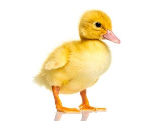 Fototapeta premium Soft, fluffy, yellow duckling stands on a white surface looking off to the side, showing off its tiny, orange feet