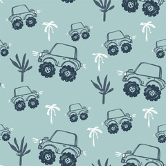 Monster truck car funny cool summer t-shirt seamless pattern. Road trip big foot vacation print design. © Vasileva
