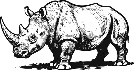 Fototapeta premium Detailed black and white illustration of a rhinoceros standing sideways with textured skin and visible horns