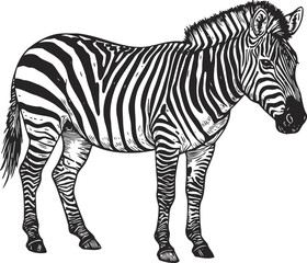 Fototapeta premium black and white zebra standing sideways with detailed stripes and mane illustration