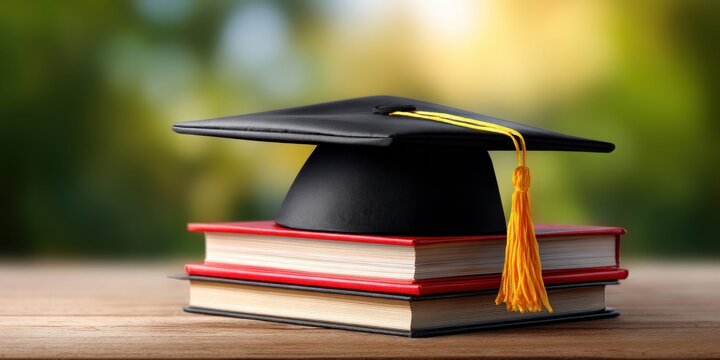 Graduation cap and books on wooden table with blurred green background and sunlight