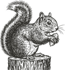 Fototapeta premium detailed black and white illustration of a squirrel holding a nut on a tree stump