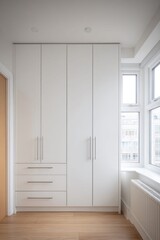Fototapeta premium Modern white built-in wardrobe with drawers and natural wood flooring in a bright room