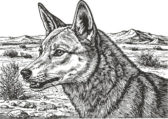Fototapeta premium Detailed black and white illustration of a wolf head with desert landscape and mountains in background