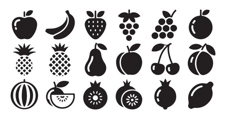 Fruit icon collection featuring various berry and citrus symbols in solid black style for graphic projects © Sen