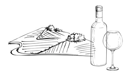Farmland panorama with structured fields and mountain horizon, rural country road, wine bottle and balloon glass side motif. Hand drawn ink vector illustration. Wine region visuals, rural marketing © Elena