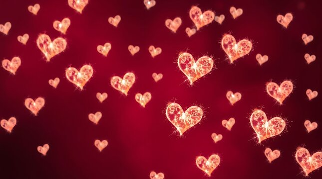 Sparkling Red Glitter Hearts Floating on Deep Red Background: Romantic Love Valentine Bokeh Glow, Magical Floating Hearts, Passionate Glitter Particles, Dreamy Love Scene