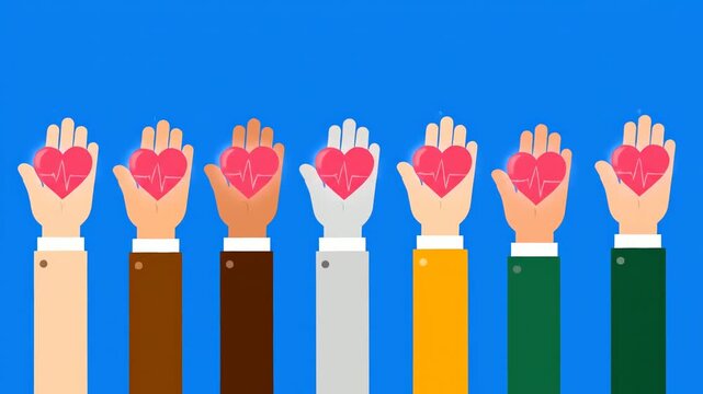 Diversity of Hands Holding Hearts in a Row on Bright Blue Background Wearing Colorful Jackets Promoting Charity and Healthcare in Studio Lighting