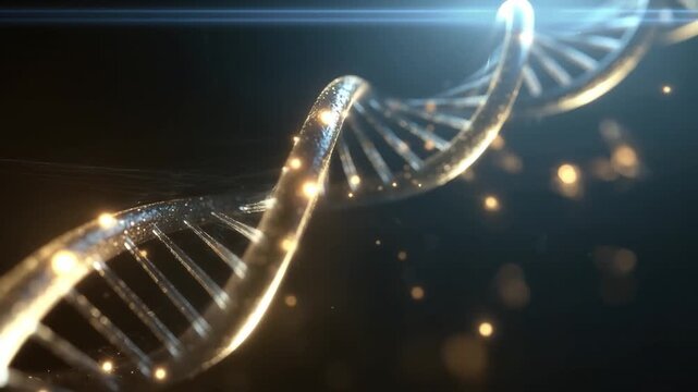 DNA Strand Unveiled: A detailed view of a shimmering DNA strand, radiating with a golden hue against a dark background, illustrating the fundamental building block of life.