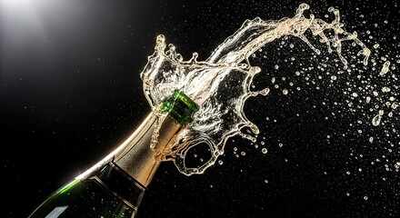 Champagne Bottle Splashing Against Black Background.