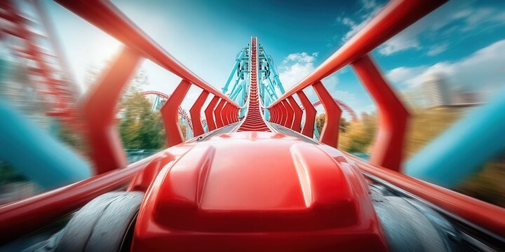 First-person view of a thrilling roller coaster ride with motion blur effect