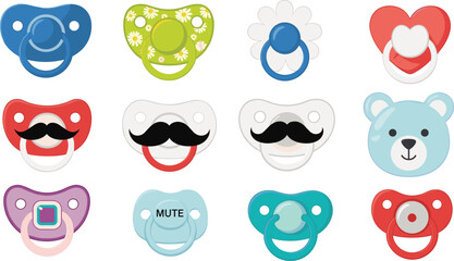 Fototapeta premium Baby Pacifier Collection Vector Illustration – Cute Infant Soother Designs with Bear, Mustache, Heart and Mute Pacifier Icon