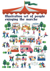 マルシェを楽しむ人々のカラフルでフラットなイラスト