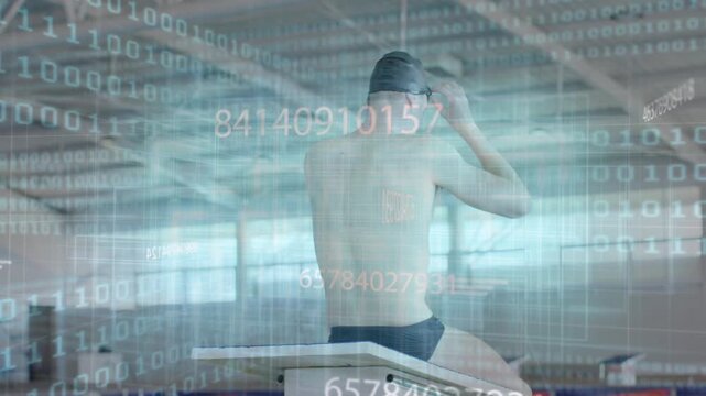 Swimmer fixing goggles, cap on block prestart readying for sports, faint digits drifting over pool