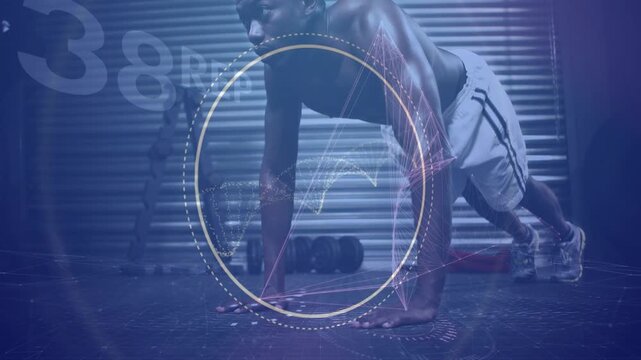 Man performing push-ups in garage gym, counter appearing mid-30s, HUD pulsing and tracking reps