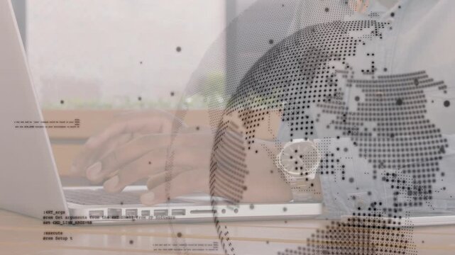 Man starting typing after hands resting, working business task while dotted globe covering keyboard