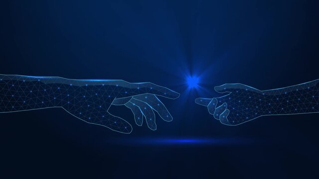 Low poly wireframe two hands reaching each other.