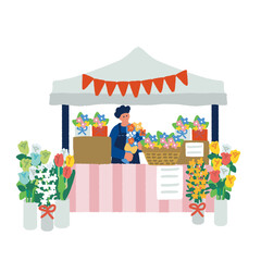花束やブーケを販売するマルシェ花屋の屋台イラスト