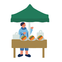 ホットドッグ屋台のあるマルシェイベント風景 人々で賑わう屋外マーケットのイラスト