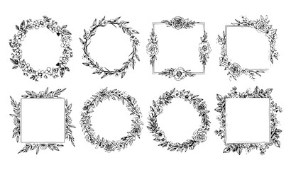 Decorative Hand-Drawn Floral Wreath and Square Frame Vector Set for Invitations and Branding