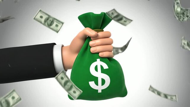 Cartoon Hand Holding Green Bag with Dollar Sign Amid Falling Currency on White Gradient Background