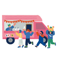キッチンカーに並ぶ人々のカラフルでフラットなイラスト