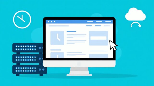 Digital Server with Website Interface on Teal Background Featuring Clock Cloud and Mouse Pointer in Flat Style