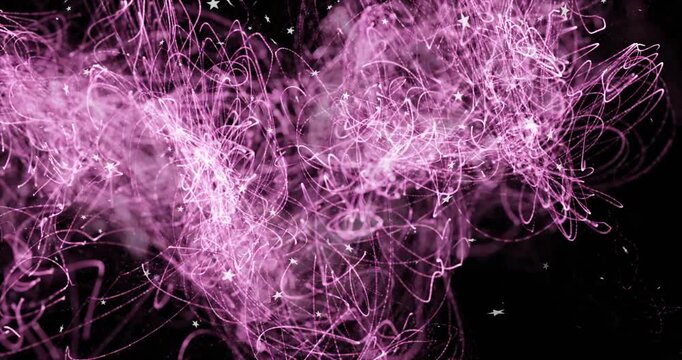 Pink ribbon cloud growing from top right filament tracing loops, merging with white stars for tech