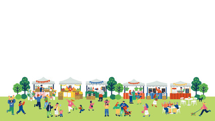 マルシェを楽しむ人々のカラフルでフラットなイラスト