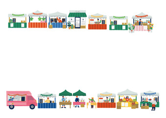 マルシェを楽しむ人々のカラフルでフラットなイラスト