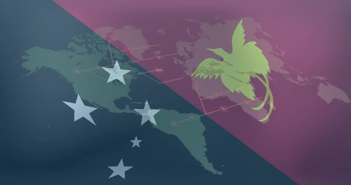 Diagonal bicolor emblem with bird activating lines toward stars, showing tech links on map