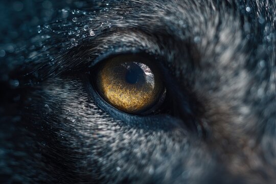 Wildlife Close-Up: Wolf Eye with Piercing Gaze, Detailed Fur Texture, and Subtle Bokeh Background