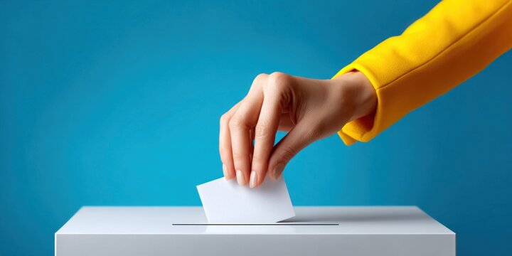 Hand in yellow jacket placing blank ballot into white voting box against blue background