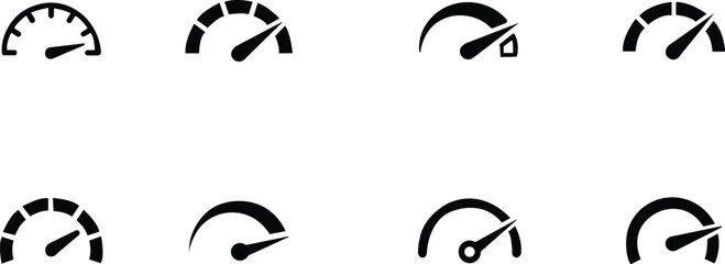 Speedometer, tachometer icon. Speed indicator sign. Internet car speed. Performance concept. Speedometer set. Fast speed sign. Flat simple icon - stock vector. See Less. isolated on transparent backgr