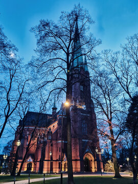 Winter night with cathedral of Sts. Peter and Paul in Gliwice, Poland