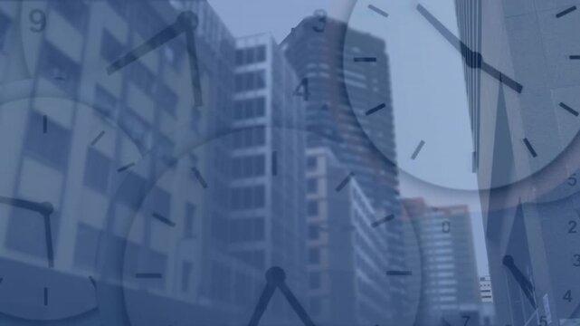 Layered analog clocks overlaying business canyon, playback advancing hands to show passing time