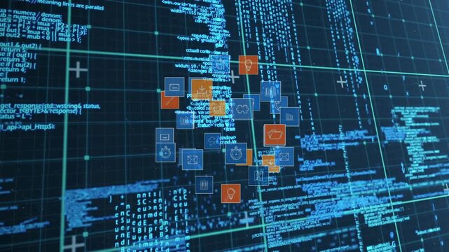 Scrolling code driving icons into dense ring, phone and chart icons rotating, visualizing tech data