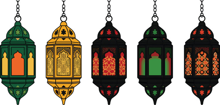 Islamic Ramadan Lanterns Hanging Decorative Arabic Lamp Vector SetIs