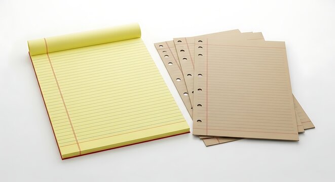 Yellow lined notepad and brown notebook paper with lines on white background with shadow. AI generated.