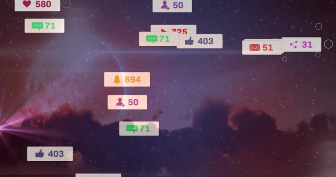 Badges appearing from nebula sides, rising and clustering to show social counts