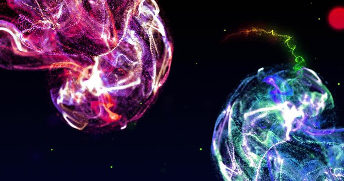 Luminous masses pulsing in space, streak appearing from left connecting, showing energy flow, tech